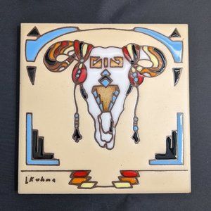 Vintage Earthtones tile or trivet Native American Art  Buffalo 1990
